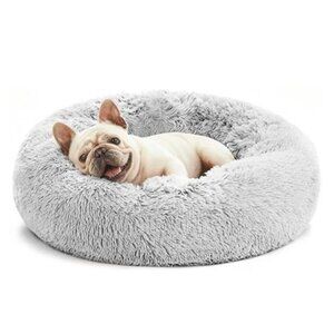 Calming cat bed round donut pet bed fluffy faux fur small medium dogs cats grey